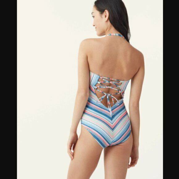 Splendid NWT Blue Pink Striped Holding Pattern Bandeau One-Piece Swimsuit Size M - Picture 2 of 9